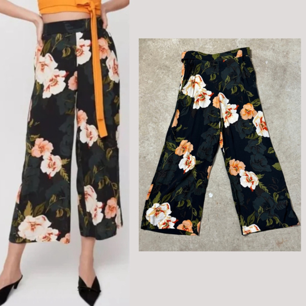 Wilfred Faun Floral Pants Women’s Small Black Orange Tie Back Wide Leg Cropped